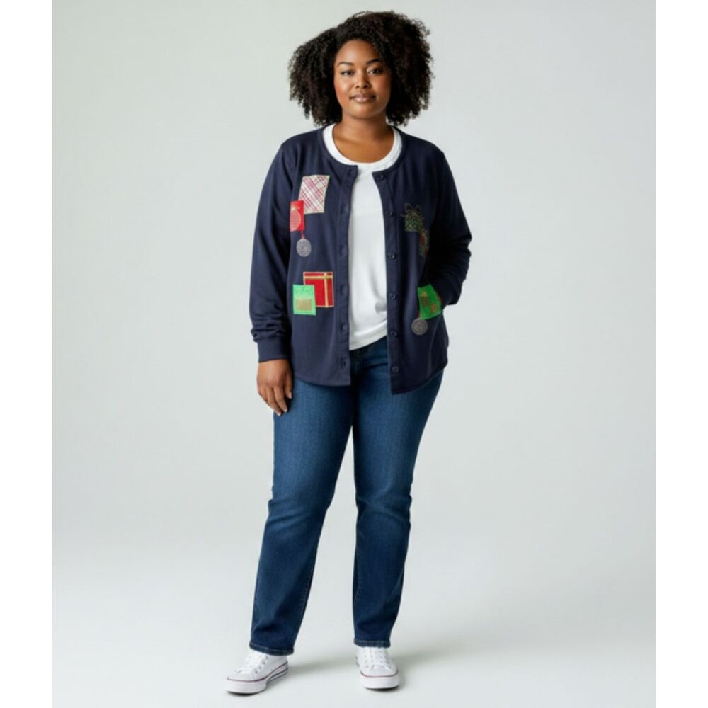 Liz & Me Sport Blue Embroidered Christmas Sweatshirt Cardigan Jacket - 16W